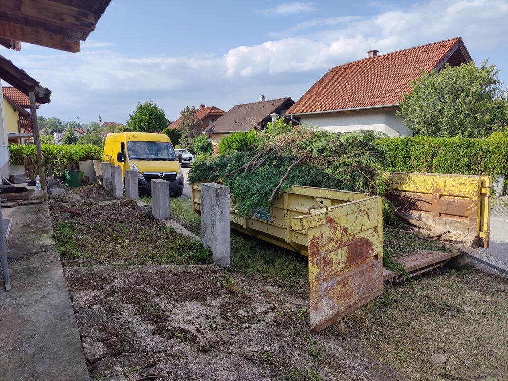 Utovar i odvoz granja posle sečenja četinara u dvorištu